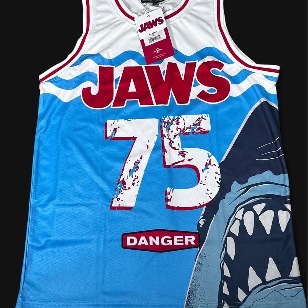 Reason Clothing Jaws 75 Basketball Jersey Shark Movie Graphic Light Blue Mens M